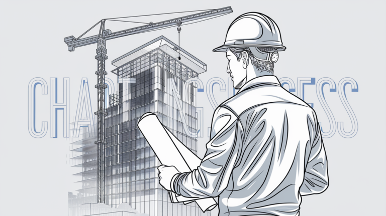 Line art of a construction worker with blueprint in front of a skyscraper.