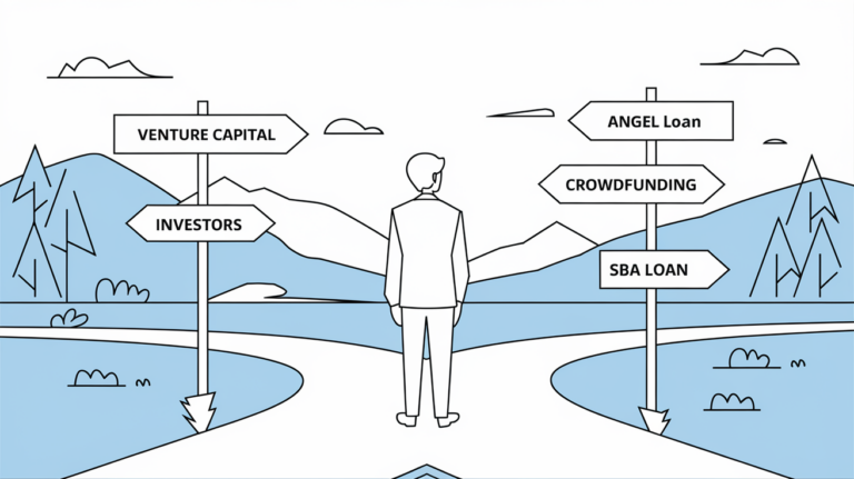 Line art person at a crossroads with different investor options.