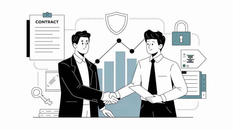 Vector line art of a business owner and bookkeeper shaking hands