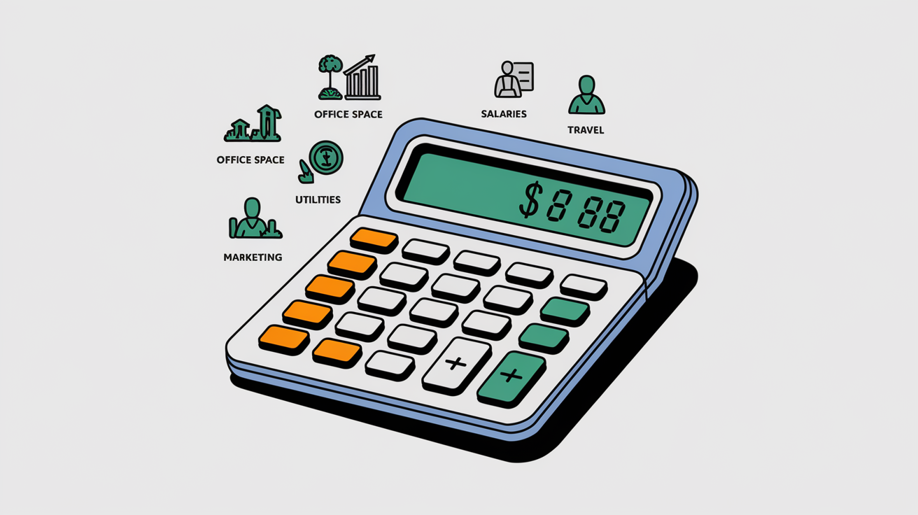 Line art graphic of a calculator with icons representing various business expenses.