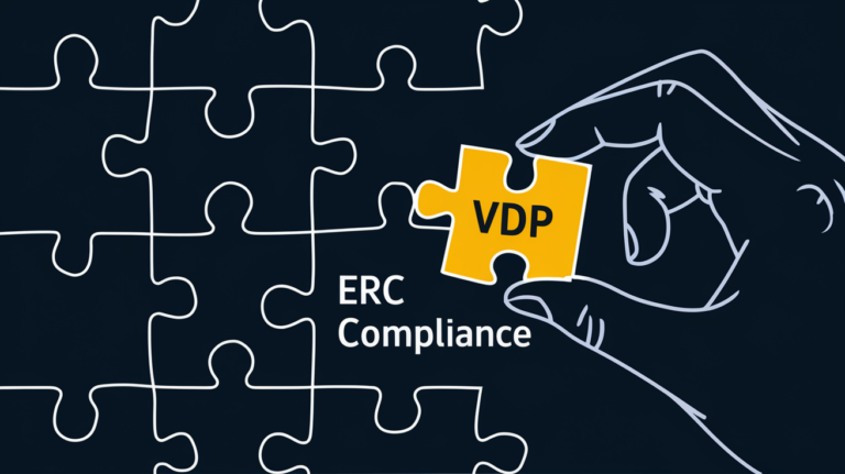 A hand placing a "VDP" puzzle piece into an "ERC Compliance" puzzle