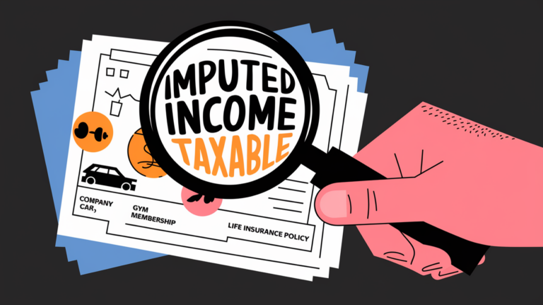 Block illustration of a magnifying glass revealing hidden figures in a paycheck, representing imputed income.