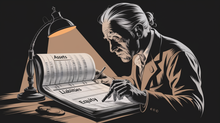 Charcoal illustration of an accountant reviewing a ledger filled with debits and credits.