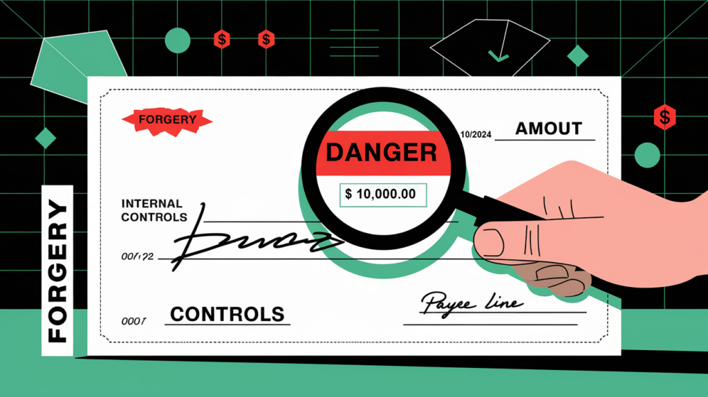 Block illustration of a hand with a magnifying glass inspecting a check for signs of fraud.