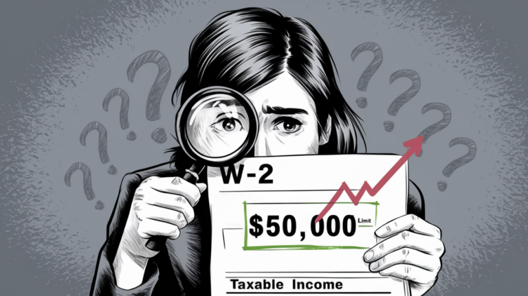 Charcoal illustration of a person examining their W-2 form, highlighting the $50,000 limit and taxable income related to life insurance.