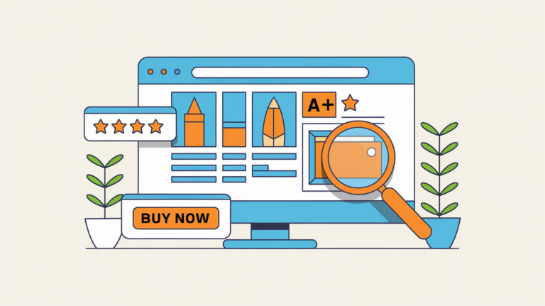 Line art of an optimized Amazon product listing with images, bullet points, A+ content, and 5-star rating