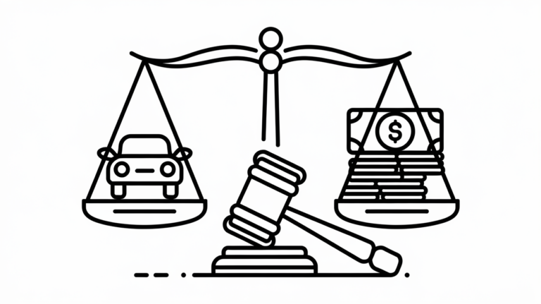 Scales balanced with a car on one side and money on the other, with a gavel in the center.