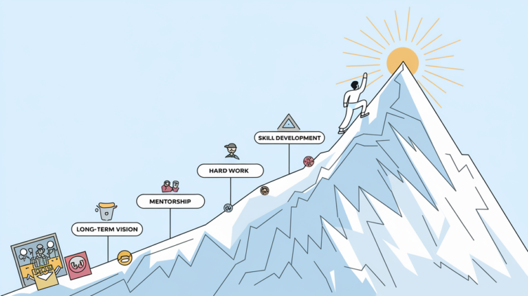 Line art person climbing a mountain towards a bright summit, passing milestones representing hard work and skill development.