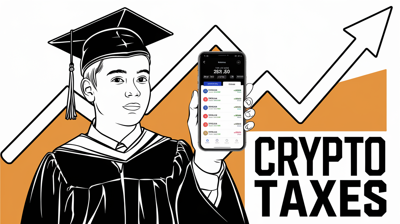 Line art drawing of a teen in graduation attire holding a phone with a crypto app and an upward-trending graph.