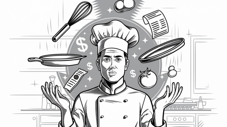 Line art drawing of a chef juggling cooking tools and a dollar sign