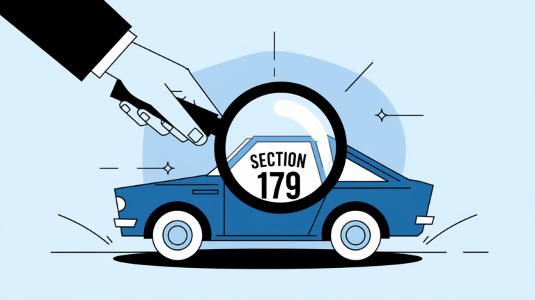 Line art graphic of a hand holding a magnifying glass over a car with "Section 179" inside