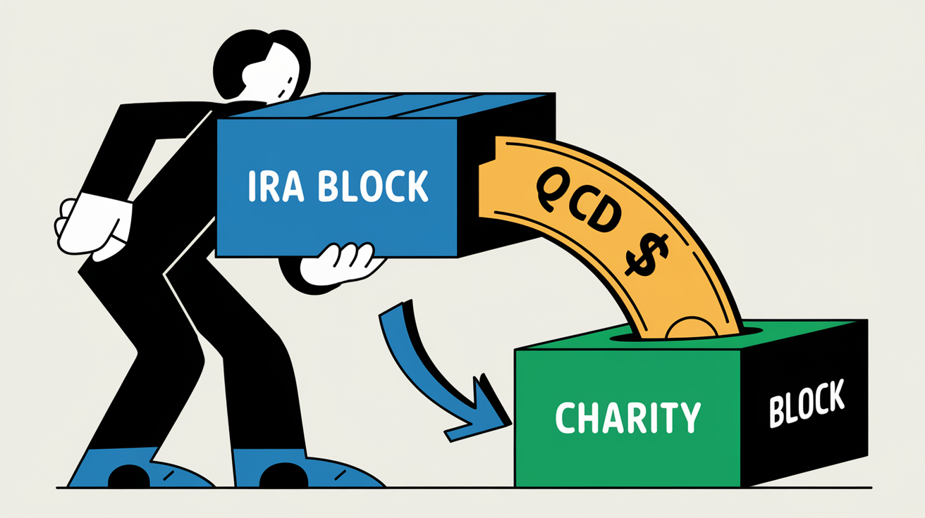 Block illustration showing a QCD transfer from an IRA to a charity.