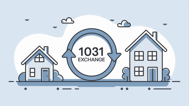 Line art of two houses connected by an arrow with the text "1031 Exchange."