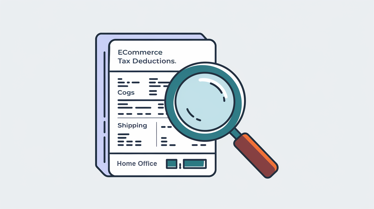 Line art of a magnifying glass inspecting an invoice with tax deductions.