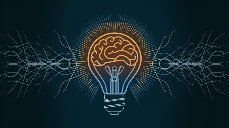 A glowing light bulb with a brain-shaped filament against a network of lines.