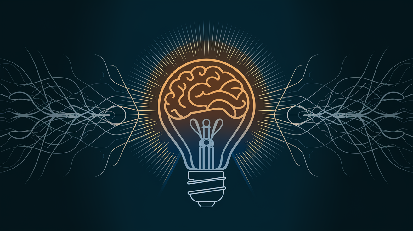 A glowing light bulb with a brain-shaped filament against a network of lines.