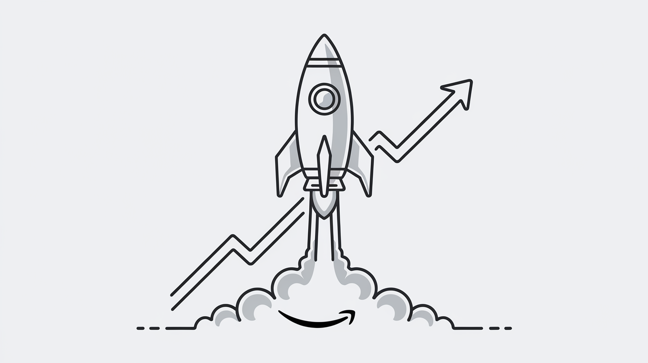 Line art rocket launching with upward trending line graph