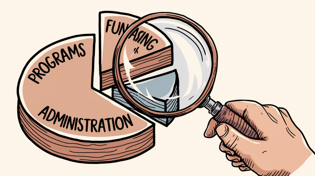 A hand-drawn magnifying glass inspecting a pie chart representing fund allocation in a nonprofit, symbolizing the importance of transparency and accountability.