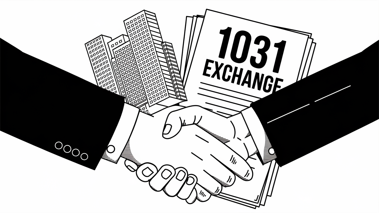 Two people shaking hands, one holding a building, the other a "1031 Exchange document".