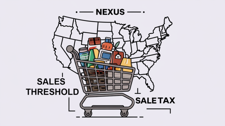 Line art shopping cart and US map with different colored sections.