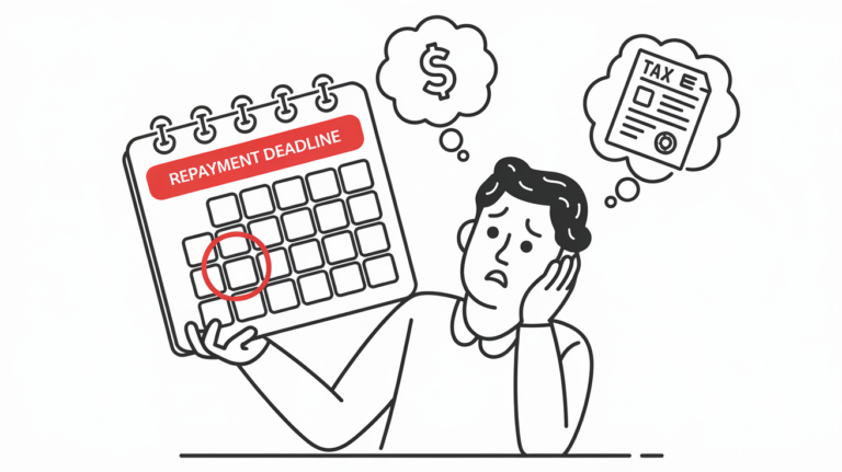 A calendar with a circled repayment deadline and a worried person.