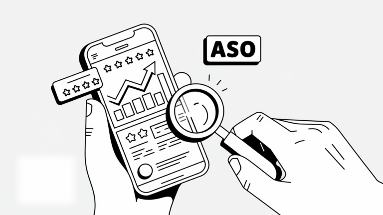 Line art of a hand holding a smartphone with an app store page and elements representing ASO