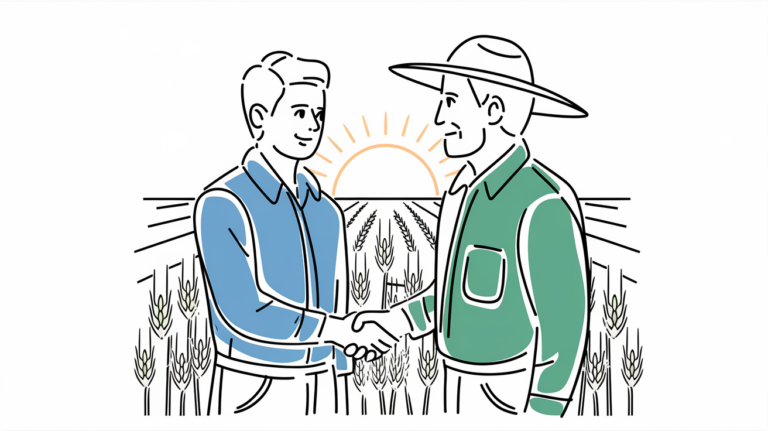 Line art drawing of two farmers shaking hands in a field.