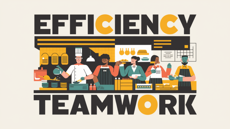 Block illustration of a busy restaurant with staff working efficiently.