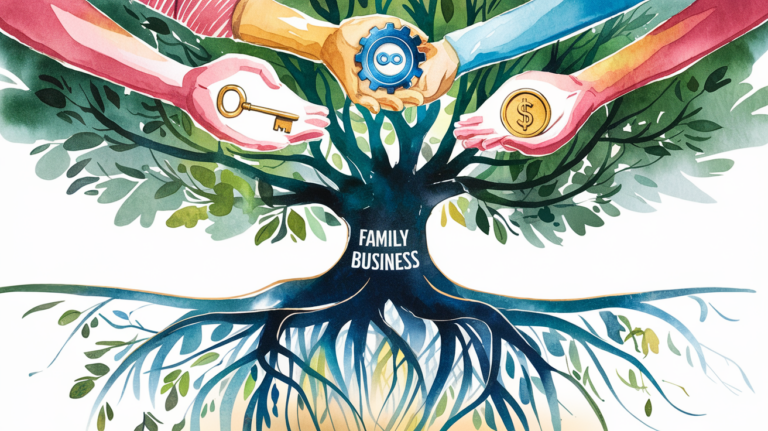 Watercolor illustration of a family tree with branches holding business symbols, representing the interconnectedness of family and business in succession planning.