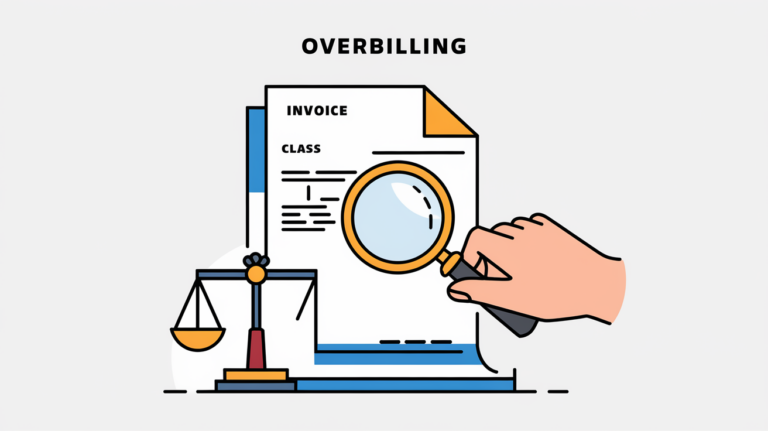 Line art of a magnifying glass inspecting an invoice with inflated numbers and an unbalanced scale, representing overbilling