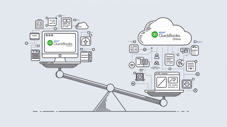 A balance scale comparing QuickBooks Desktop and Online, with the Online side slightly heavier.