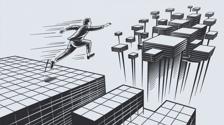 Line art of a person leaping from a structured grid towards freeform platforms