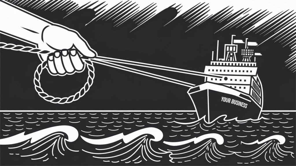 Line art of a hand holding a lifeline to a sinking ship.