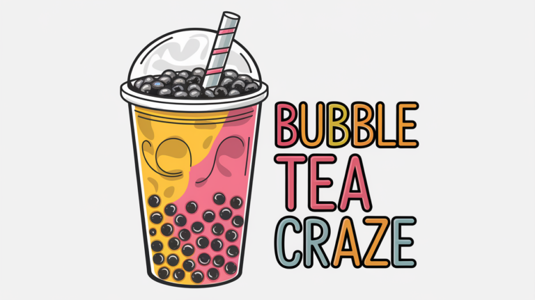 Vector line art drawing of a bubble tea cup with tapioca pearls.