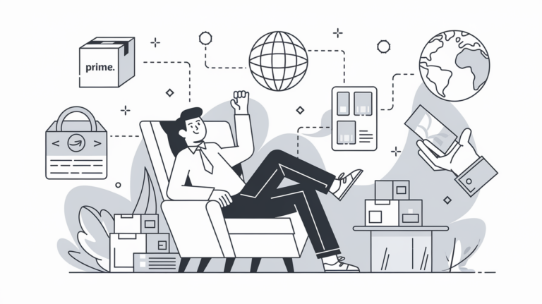 Line art of a relaxed person surrounded by icons representing Amazon FBA benefits.