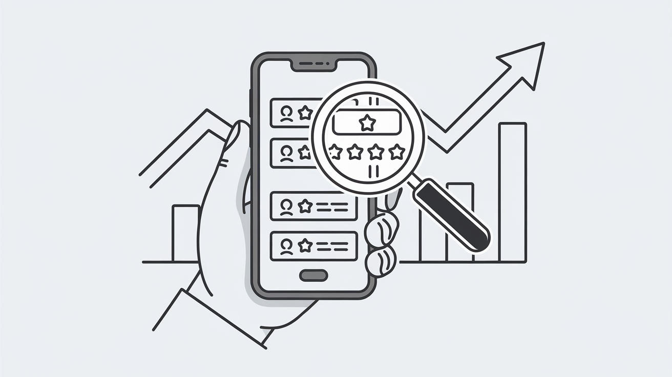 Line art of a hand holding a phone with positive reviews, and a rising line graph.