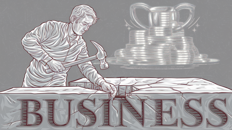 Line art drawing of a person repairing a foundation labeled "BUSINESS" while a shiny object floats in the background.