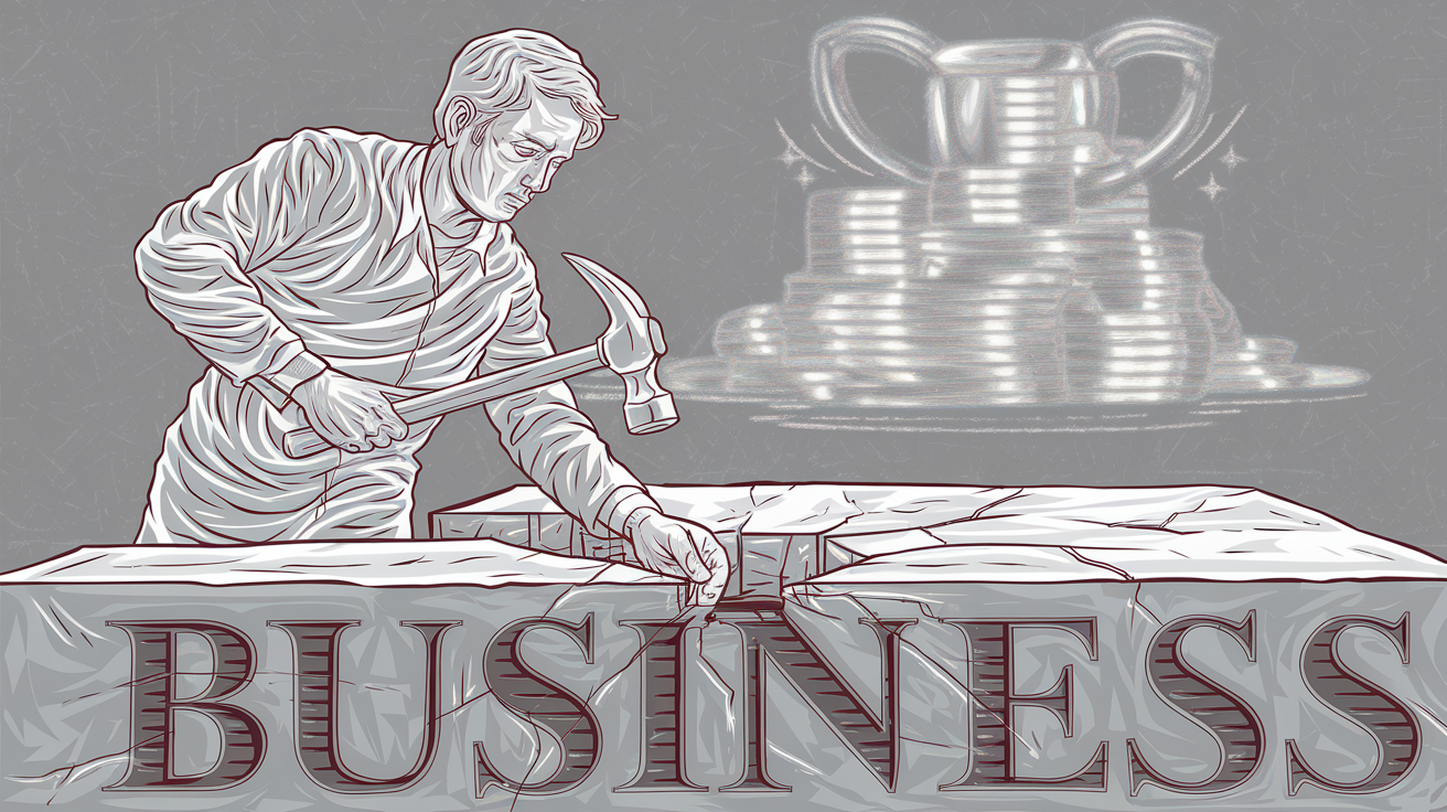 Line art drawing of a person repairing a foundation labeled "BUSINESS" while a shiny object floats in the background.