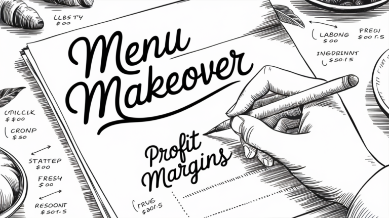 Ink illustration of a hand writing a restaurant menu surrounded by detailed drawings of ingredients and their costs, emphasizing the connection between menu planning and COGS.