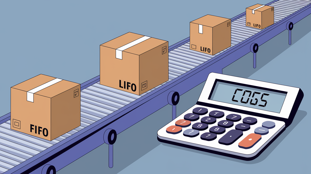 A conveyor belt with boxes labeled "FIFO" and "LIFO" leading to a calculator displaying "COGS".