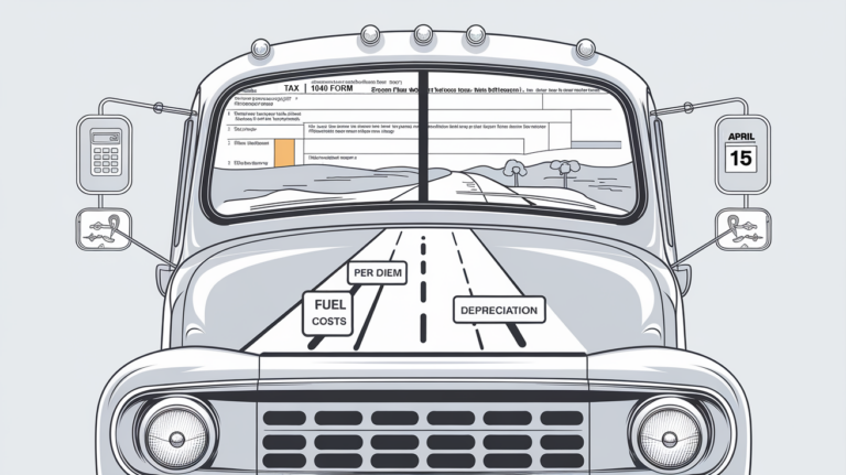 Line art truck with tax form reflection and road milestones for deductions.