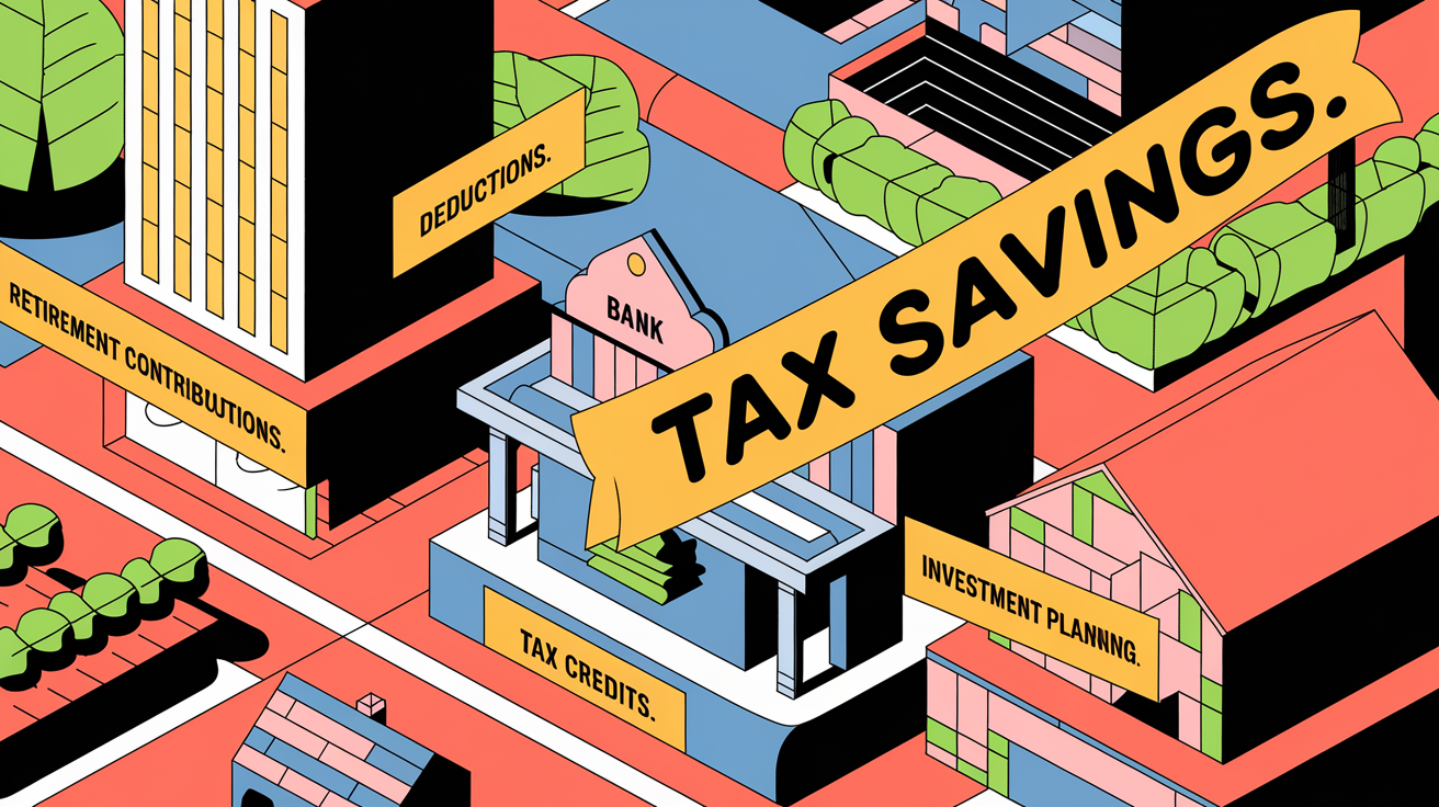 Block illustration of a cityscape representing various tax-saving strategies.