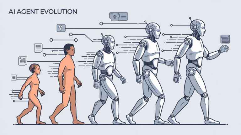 Line art of human evolving into AI agent with 'AI Agent Evolution' text