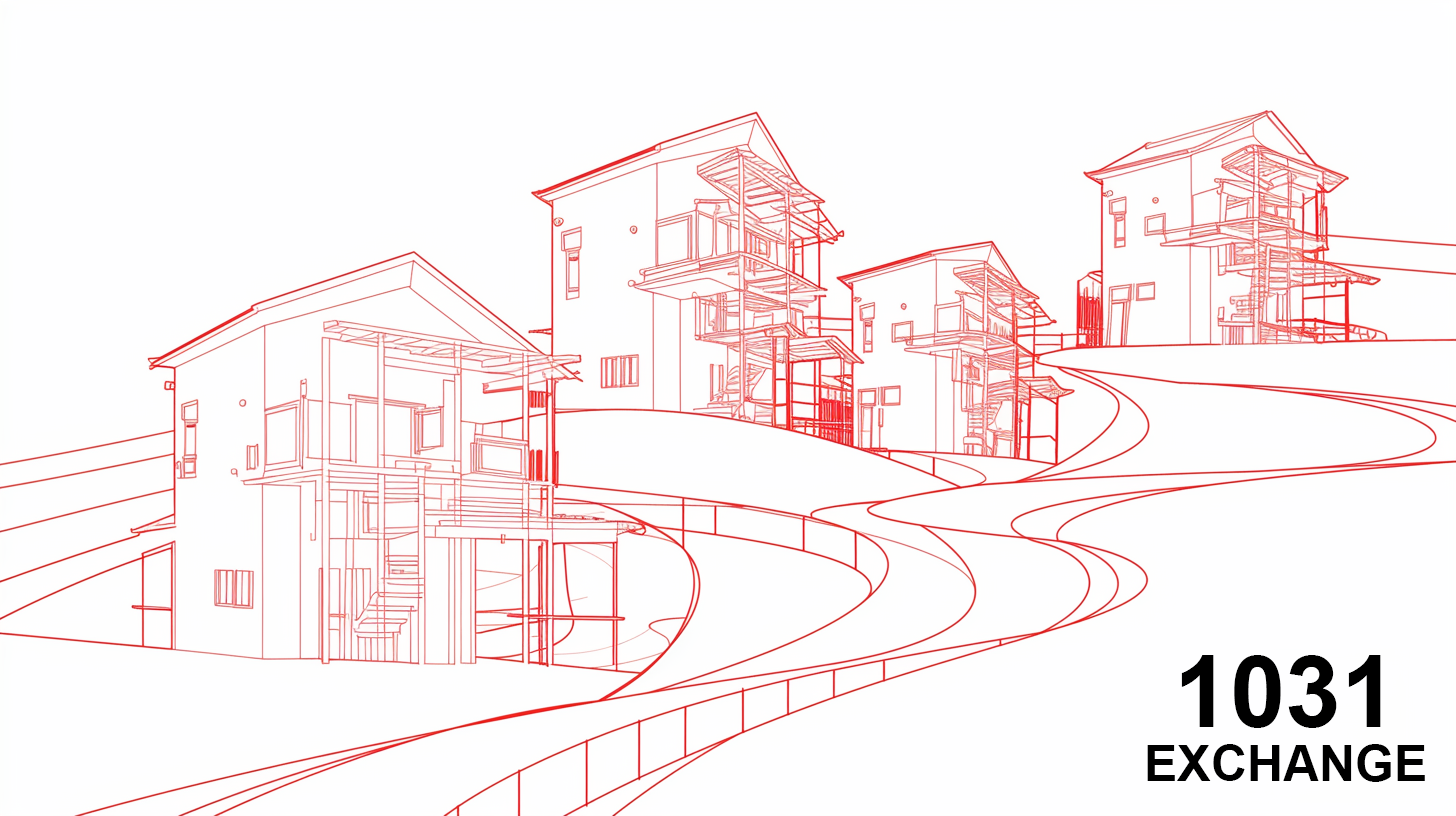 Line art drawing of a house changing into a skyscraper, representing a 1031 exchange.