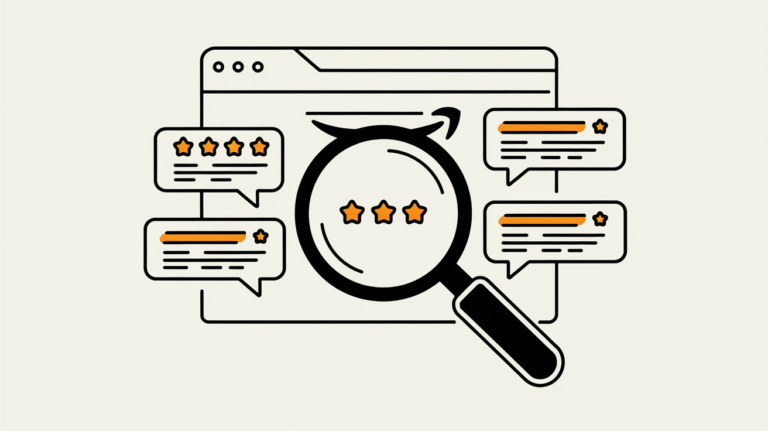 Vector line art of a magnifying glass focusing on positive customer reviews on an Amazon product page