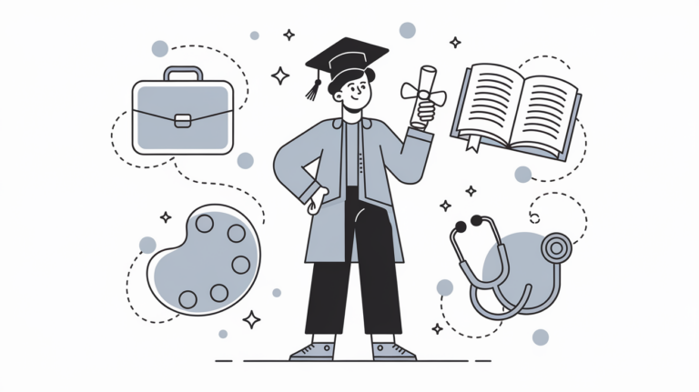 Line art of a young graduate with symbols of various career paths