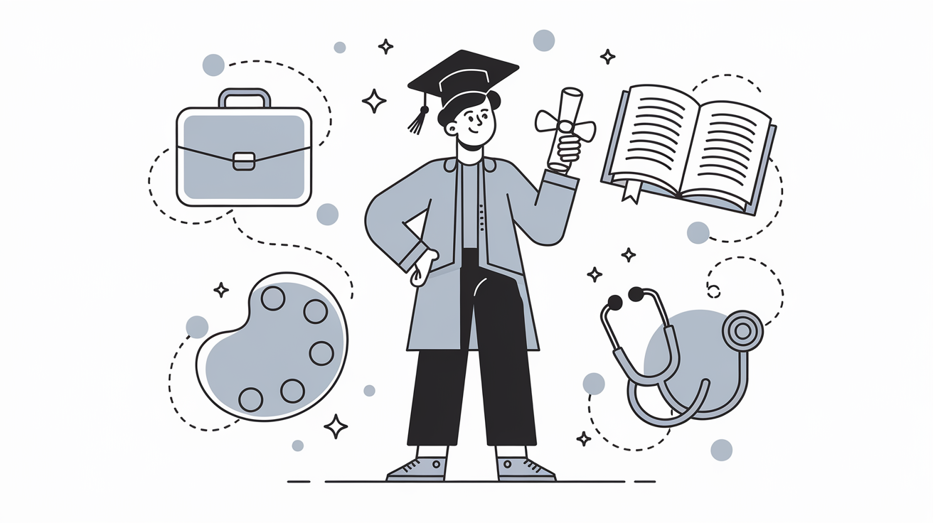 Line art of a young graduate with symbols of various career paths