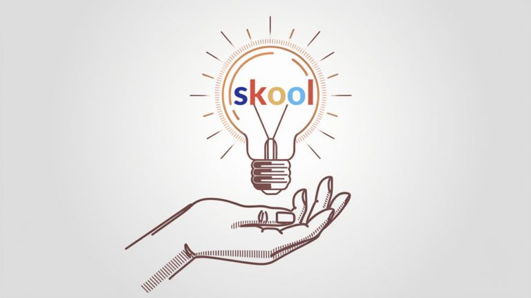 A hand offering a glowing lightbulb with "Skool" embedded in it.