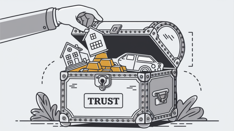 Line art drawing of assets being placed in a trust