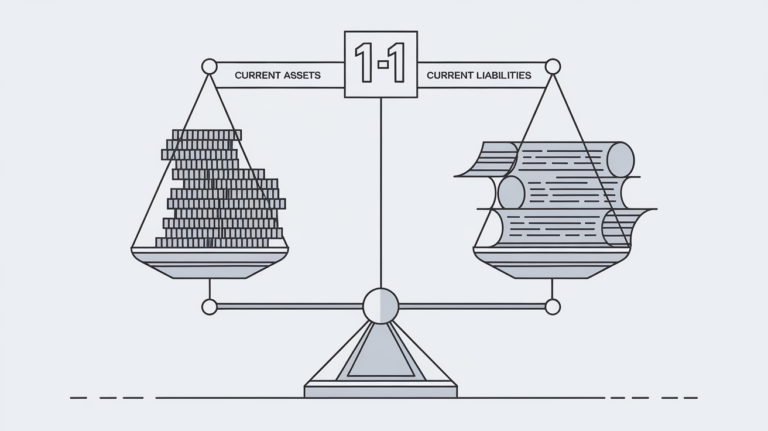 Vector line art of a balanced scale representing a current ratio of 1:1.